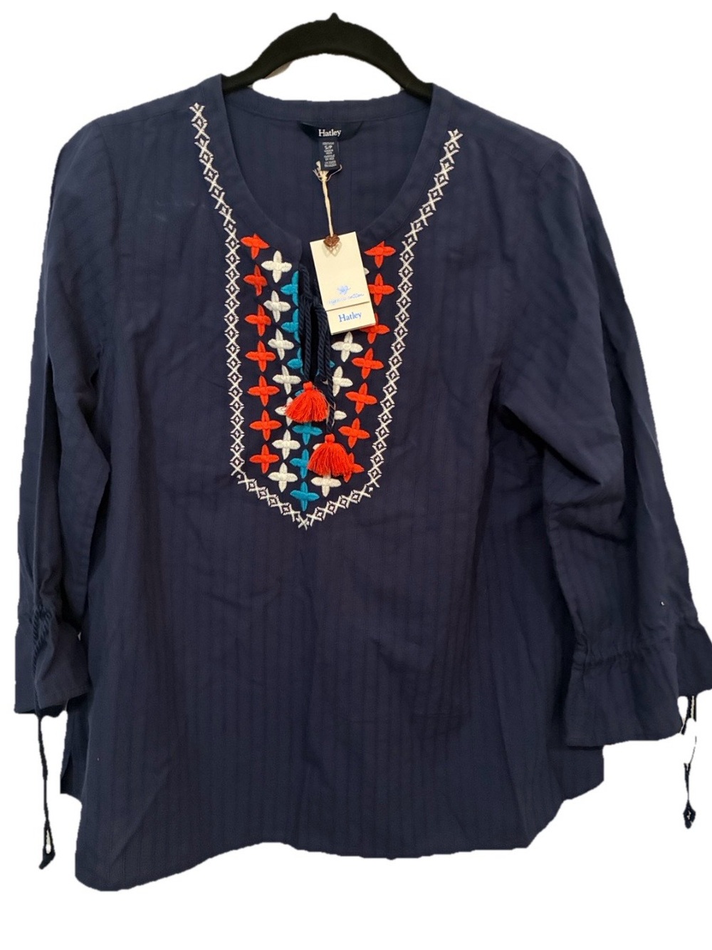 Hatley Navy Embroidered Cinch Sleeve Peasant Top with Orange Accents NWT
